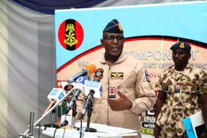 Chief of the Air Staff (CAS), AVM Hassan Abubakar, addressing troops during Sallah celebration in Maiduguri [NAN]