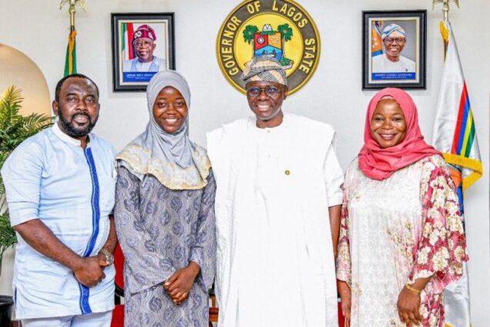 Aminat's father, Mr Ibrahim Yusuf, the graduand, Aminat Yusuf, Governor Babajide Sanwo-Olu of Lagos State and Aminat's mother, Mrs Halima Yusuf. [LASG]