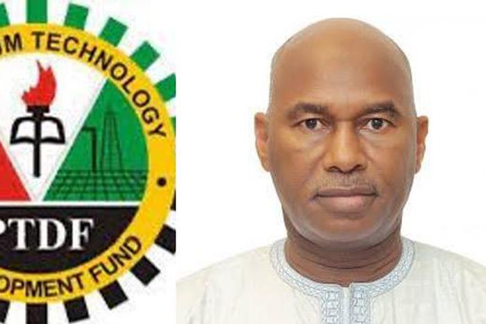 A photo combo of the PTDF logo and Ahmed Aminu [Channels TV]