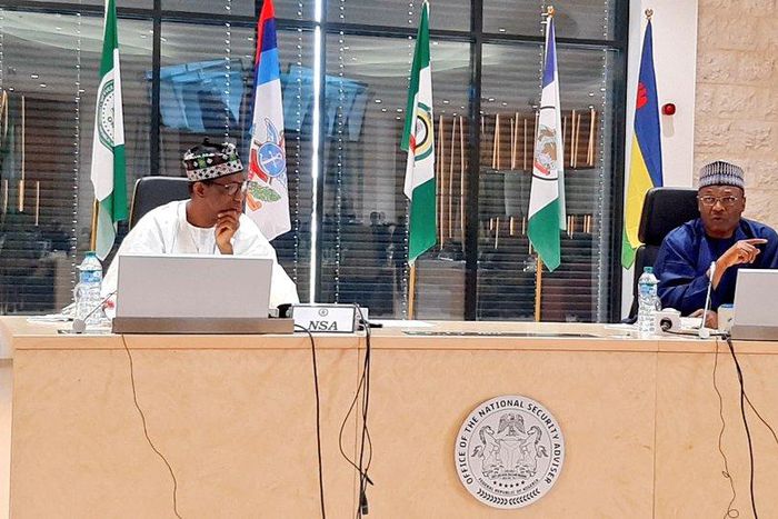 National Security Adviser (NSA), Nuhu Ribadu with INEC Chairman Mahmood Yakubu.  [Twitter:@inecnigeria]