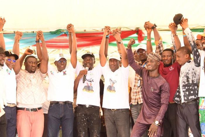 Gov. Babajide Sanwo-Olu of Lagos State (sixth left) and his Deputy, Dr Obafemi Hamzat (sixth right) being endorsed by National Association of Nigerian Students (NANS) Lagos State led by the Chairman, Comrade Olusesi Tolulope during the students mega ra...