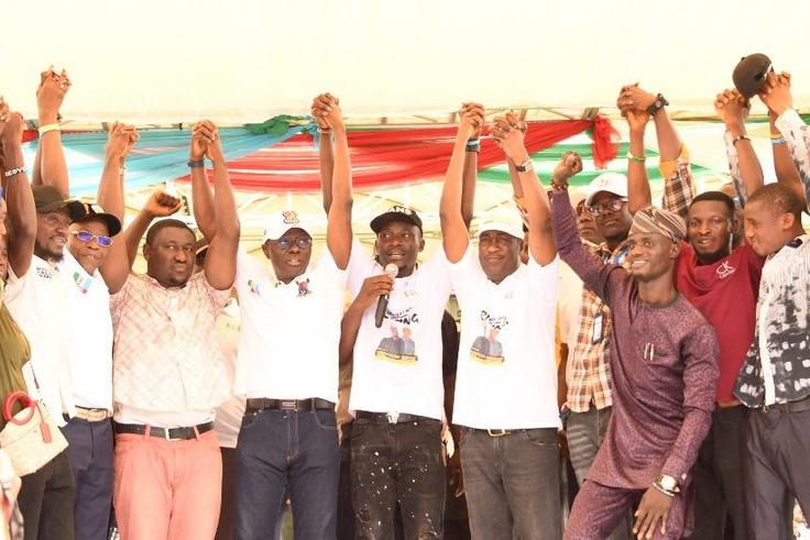 Gov. Babajide Sanwo-Olu of Lagos State (sixth left) and his Deputy, Dr Obafemi Hamzat (sixth right) being endorsed by National Association of Nigerian Students (NANS) Lagos State led by the Chairman, Comrade Olusesi Tolulope during the students mega ra...