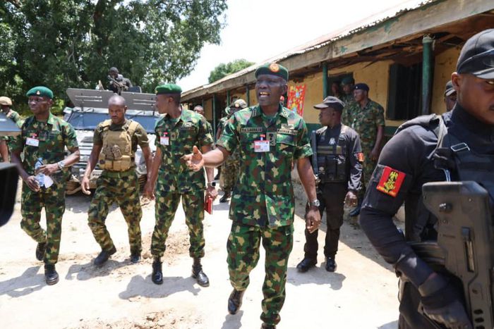 The Chief of Army Staff, Lt.-Gen. Taoreed Lagbaja addressing troops at Forward Operation Base (FOB) Erena in Shiroro Local Government Area of Niger state on Wednesday (16/8/23). [NAN]