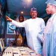 Minister of Information and National Orientation, Alhaji Mohammed Idris (second left) with Mr Salihu Dembos, DG, NTA, inspecting facilities at a transmitter Station in Jaji, Kaduna, on Friday