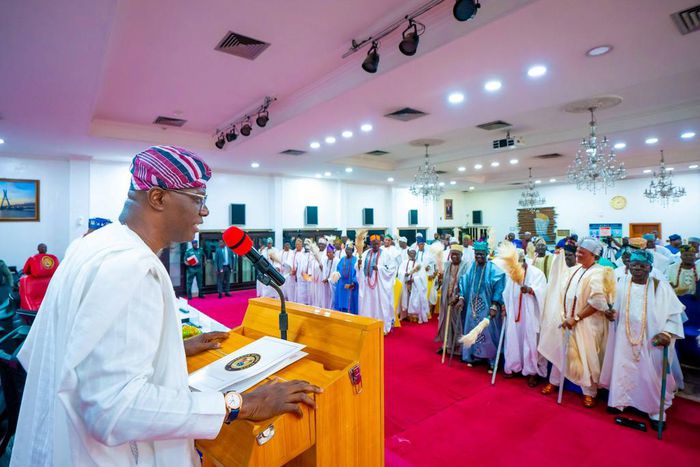Governor Babajide Sanwo-Olu of Lagos State addressing the State’s Council of Obas during the inauguration of the newly approved Council, at the Lagos House, Alausa, Ikeja, on Wednesday, July 12, 2023.
