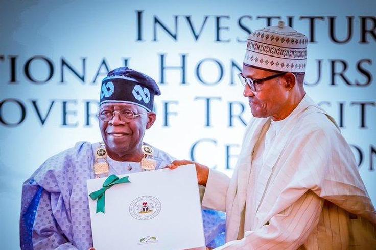 President Muhammadu Buhari conferred National Honours on President-Elect Asiwaju Bola Tinubu and VP-Elect, Sen. Kashim Shettima on Thursday, May 25, 2023. [Presidency]