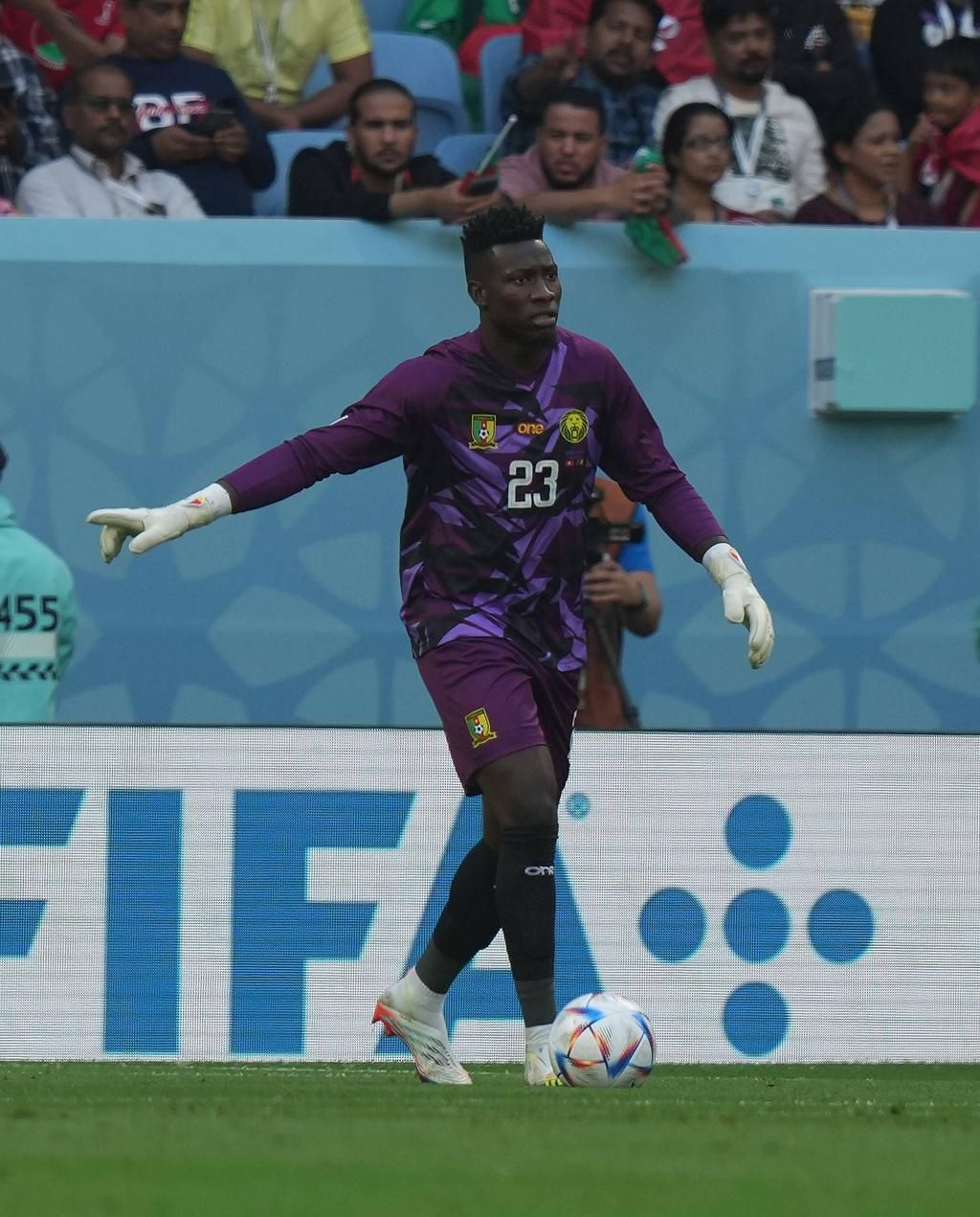 Cameroon goalkeeper Andre Onana in possession during the 2022 FIFA World Cup Group G match at Al Janoub Stadium on November 24, 2022.