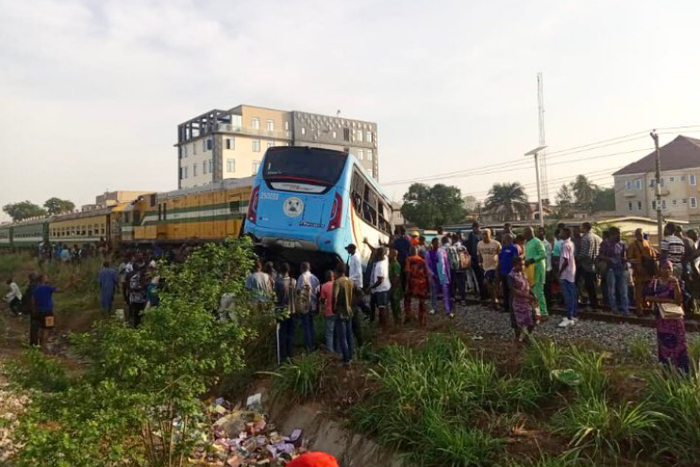 Scene of the accident involving a staff bus and a passenger train in Ikeja, Lagos. (Channels TV)
