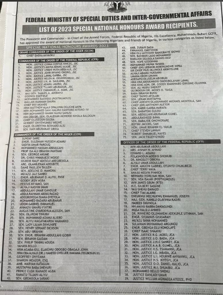 List of 2023 special national honours award recipients [TheCable]