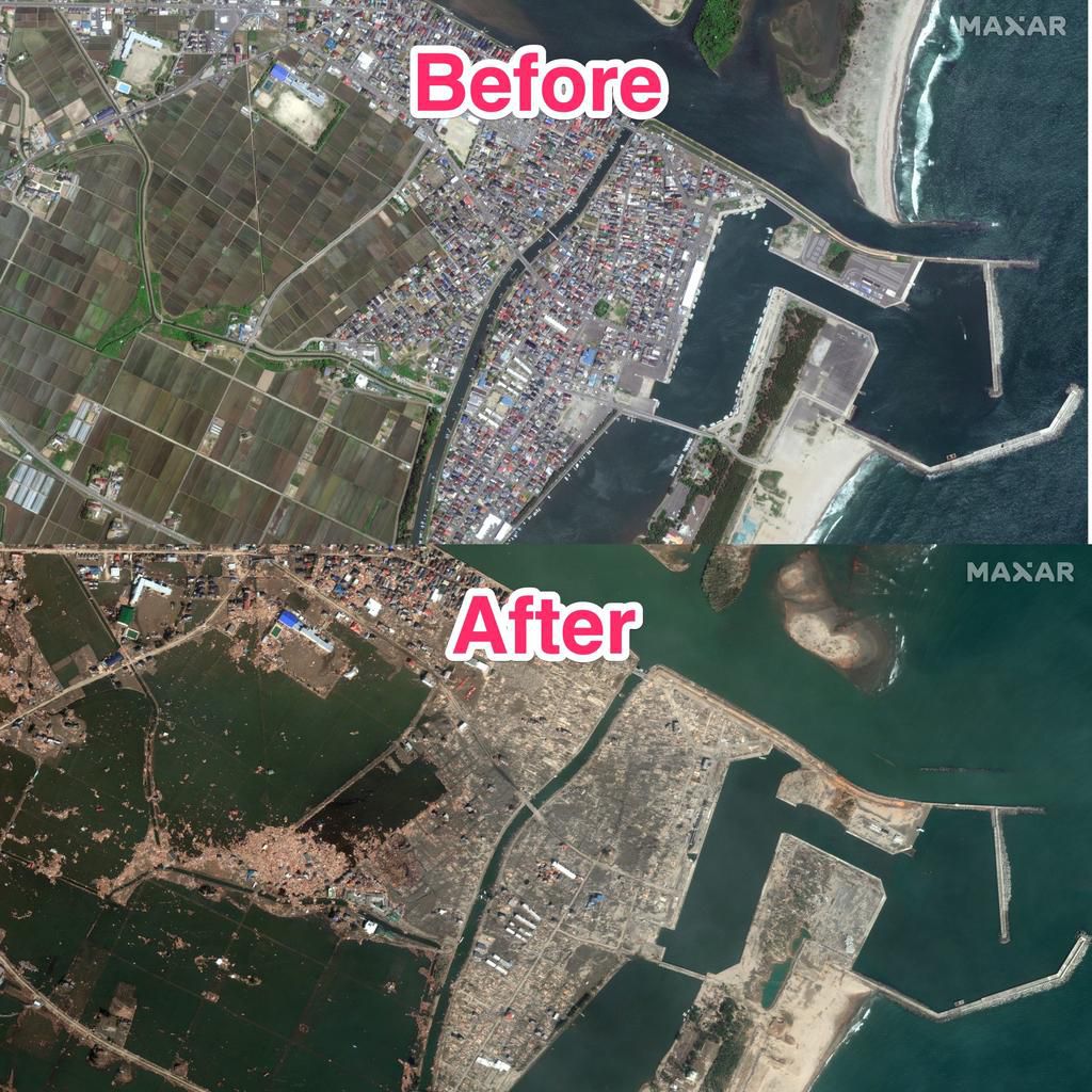 Fields near Natori Port flooded after the 2011 tsunami.Satellite image 2024 Maxar Technologies