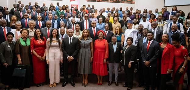Co-Founder, The Tony Elumelu Foundation (TEF),  Dr Awele Elumelu; Founder, TEF, Group Chairman,  United Bank for Africa (UBA), and celebrant, Mr. Tony Elumelu;  daughter, Ms Ego Elumelu; GMD-CEO, UBA, Mr. Oliver Alawuba, flanked by senior executives of...