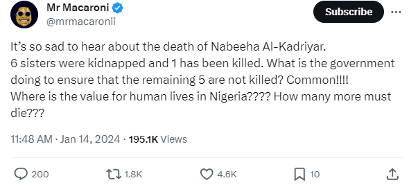 Mr Macaroni condemns the killing of Nigerian citizen by kidnappers [X/Mrmacaronii]