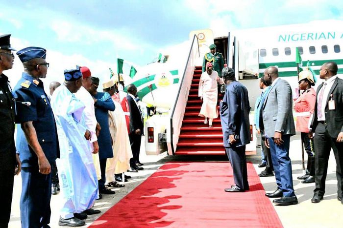 President Bola Tinubu landed at the Presidential Wing of the Nnamdi Azikiwe International Airport, Abuja in the evening of Monday, July 17, 2023. [Daily Trust]