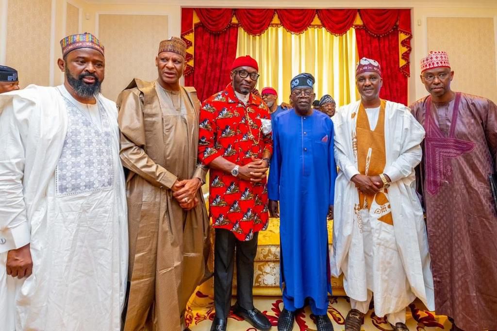 President Bola Tinubu with Hon. Tajudeen Abbas, and Hon. Benjamin Kalu the duo endorsed by the APC for House Speakership and Deputy Speakership. [Twitter:@NgrPresGCFR]