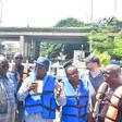 Minister of Works, Mr David Umahi and other officials, during the inspection of the under deck, Lagoon sections of the Third Mainland Bridge, Carter Bridge, Falomo Bridge and Independence Bridge in Lagos on Saturday [NAN]