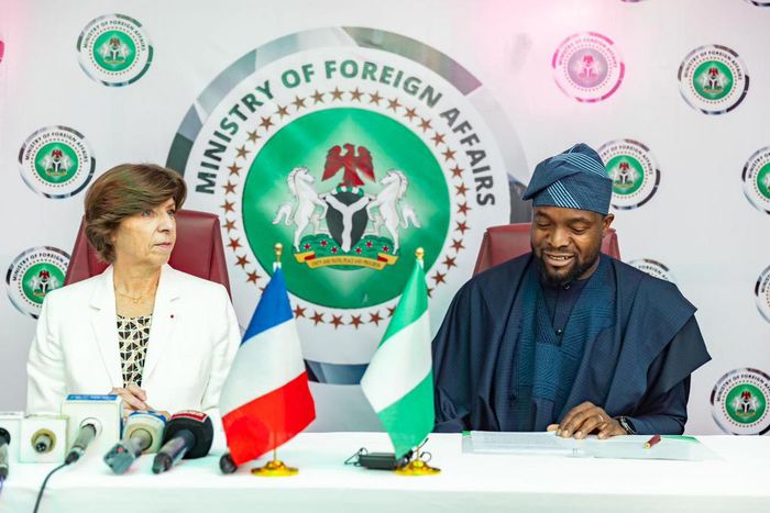 L-R: Minister for Europe and Foreign Affairs of the Republic of France, Catherine Colonnade and Nigeria's Minister of Communications, Bosun Tijani [Presidency]