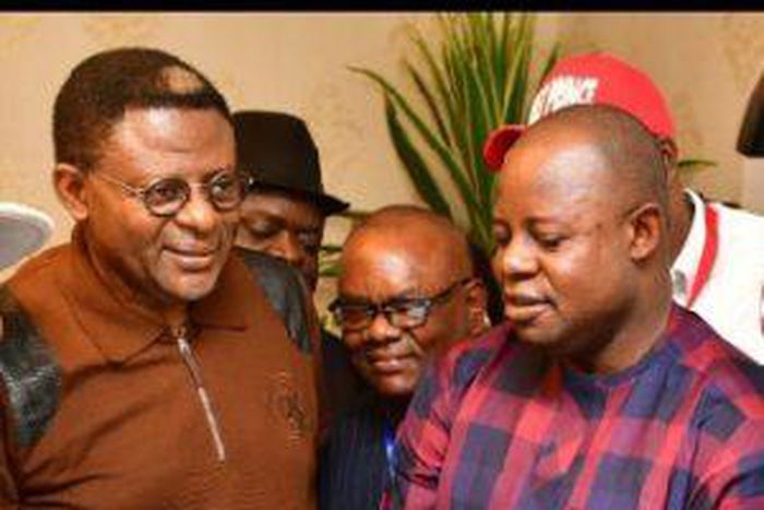L-R Sen. Bassey Otu, Governor Elect of C’ River and Mr Alphonsus Eba Chairman of APC in C’ River during the celebration of Otu’s victory in the polls on Tuesday in Calabar