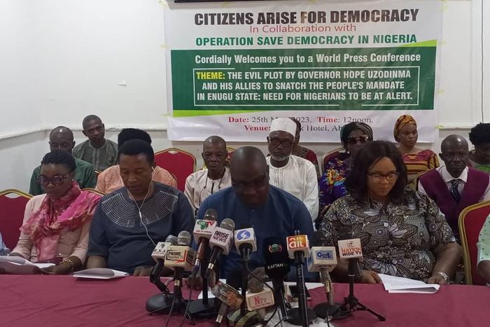 Members of the Citizens Arise for Democracy (CAD) call on the ruling All Progressives Congress (APC) to call Gov Hope Uzodinma to order. [CAD]