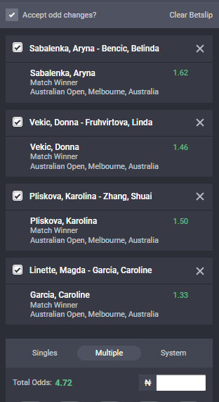 Bet9ja odds for the Australian Open WTA