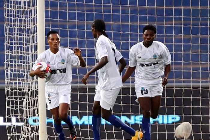 Mary-Magdalene Anjor celebrates goal with Bayelsa Queens teammates