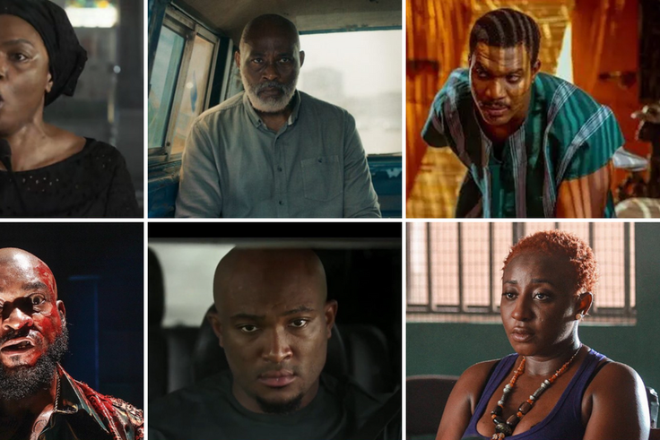 From left to right and top to bottom: Chioma Chukwuka in Gangs of Lagos, Richard Mofe-Damijo in The Black Book, Kunle Remi in Anikulapo, Chidi Mokeme in Shanty Town, Blossom Chukwujekwu in The Trade, and Ini Edo in Shaty Town