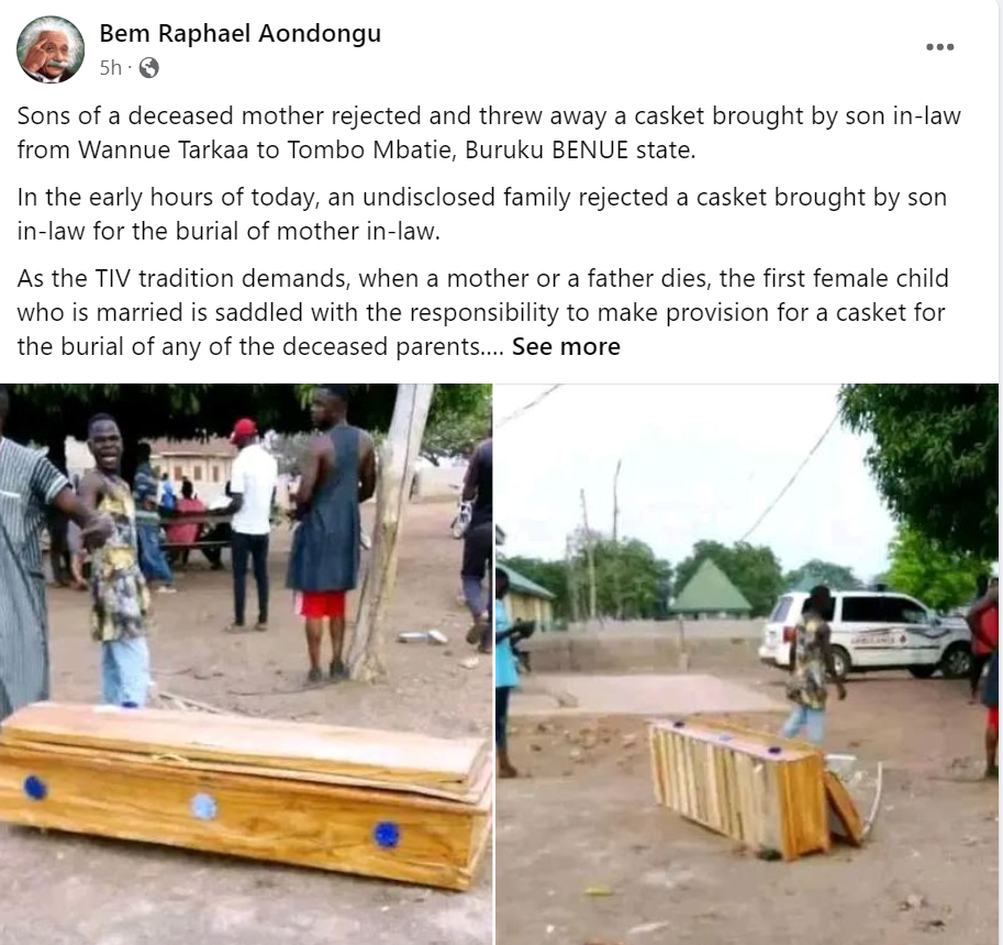 Family rejects coffin from son-in-law for his mother-in-law’s burial, says it’s not beautiful