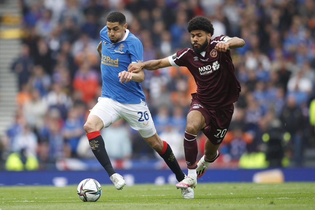 21st May 2022; Hampden Park, Glasgow, Scotland; Scottish FA Cup Final, Rangers versus Heart of Midlothian; Leon Balogun of Rangers goes past Ellis Simms of Heart of Midlothian