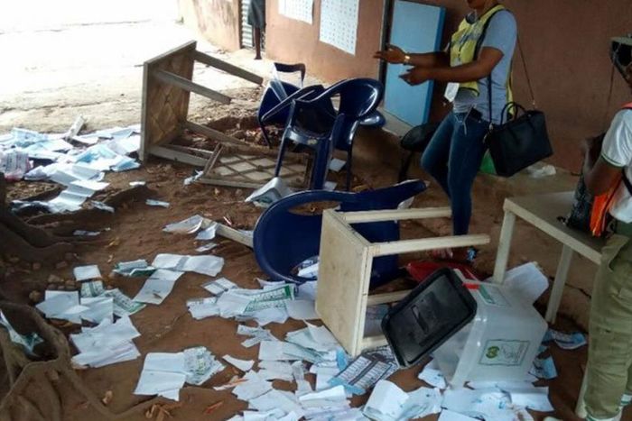 INEC adhoc officials at a polling station where election violence happened in the last general elections. (ARISE TV)