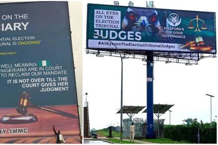 Billboards in Abuja indicating high interest in the judicial process at the Presidential Election Petitions Tribunal. [ChannelsTV]
