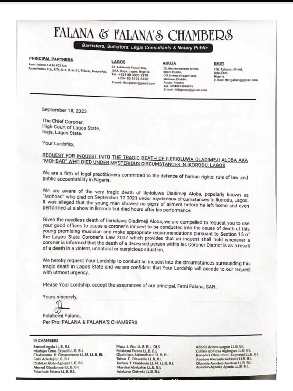 The official request to the Chief Coroner  [Instagram/Flakes_ff]