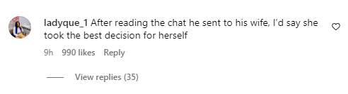 An Instagram user's comment