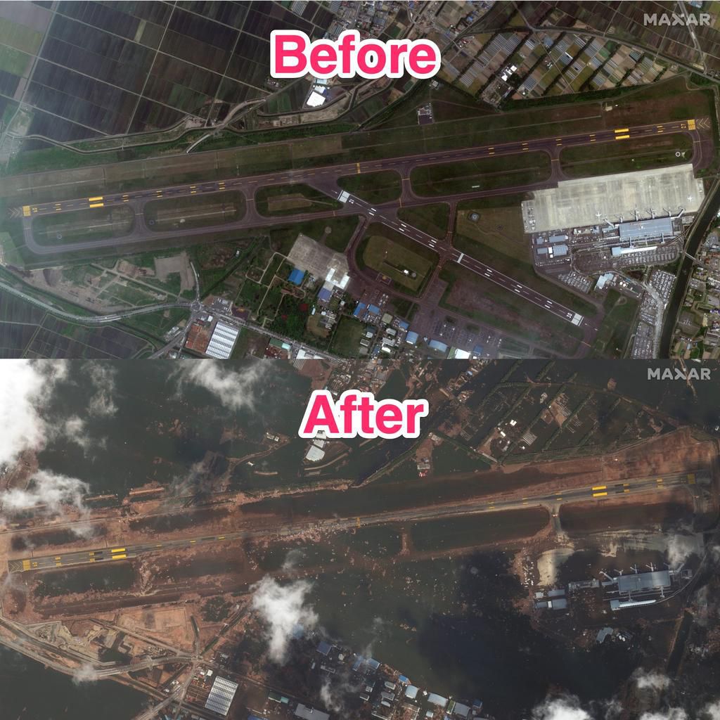 Sendai airport before and after the tsunami hit in 2011.Satellite image 2024 Maxar Technologies