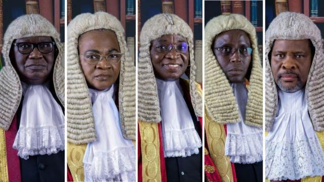 The five judges who will determine he fate of Bola Tinubu, Atiku Abubakar and Peter Obi on Wednesday, September 6, 2023. [BBC]