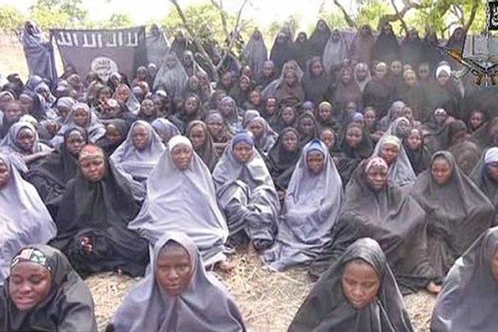 A screen shot of a video showing a number of abducted Chibok schoolgirls