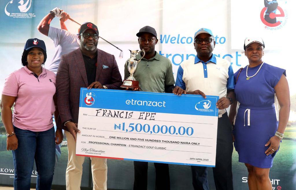 L-R: Group Head, Financial Services, eTranzact International PLC, Bimbo Reis; MD/CEO, Niyi Toluwalope; Winner, eTranzact Golf Classic, Francis Epe; Chairman, Board of Directors, eTranzact International PLC, Wole Abegunde and Head, Project Management Of...