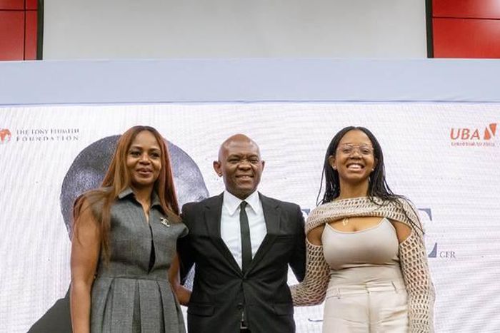 L-R: Co-Founder, The Tony Elumelu Foundation (TEF), Dr Awele Elumelu; Founder, TEF and celebrant, Mr. Tony Elumelu; and daughter, Ms Ego Elumelu, during the symposium held in commemoration of Mr. Elumelu’s 60th birthday, attended by 60 young beneficiar...