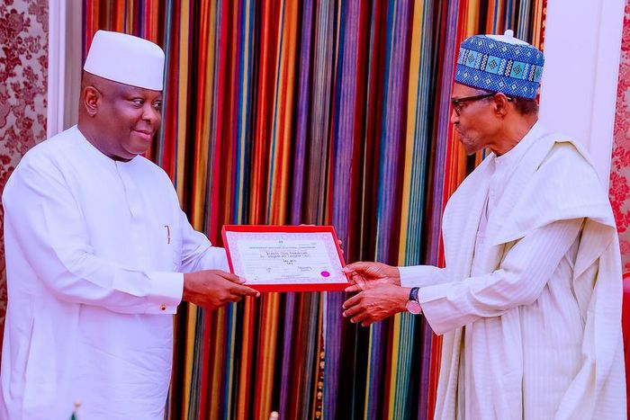 Sen. Osita Izunaso meets President Muhammadu Buhari on Tuesday, April 4, 2023, to inform him about his senate presidency ambition (Premium Times)