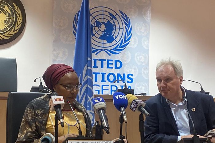 Ms Alice Nderitu, UN Under-Secretary-General and Special Adviser of the Secretary-General on Prevention of Genocide (l) and Mr Matthias Schmale, UN Resident and Humanitarian Coordinator (r), during a news conference in Abuja on Friday, Feb. 24, 2023. (...
