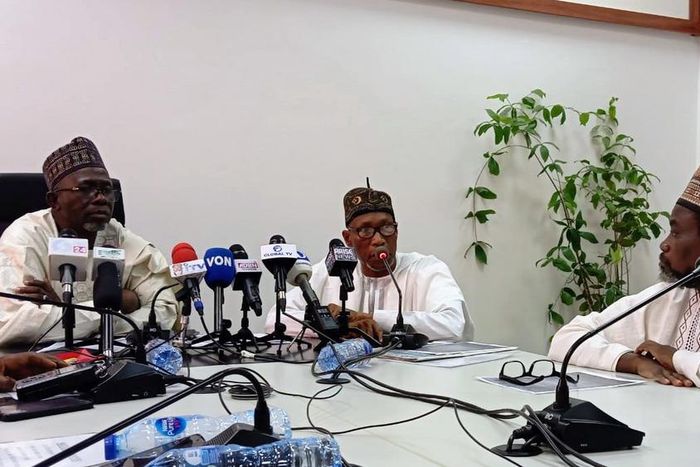 From L-R: Executive Secretary, Federal Capital Development Authority, Mr Shehu Ahmad; Director of Finance and Administration, National Mosque, Amb. Haliu Shuaib; and the Imam of the National Mosque, Dr Muhammad Adam, during a press conference in Abuja ...