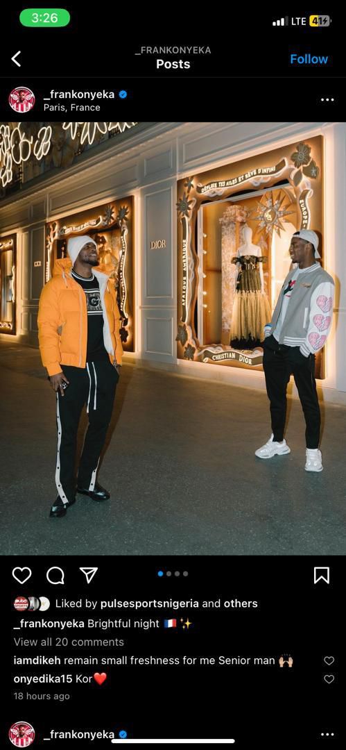 Super Eagles midfielders Frank Onyeka and Raphael Onyedika chilling in Paris