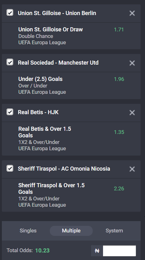 Europa League accumulator on Bet9ja