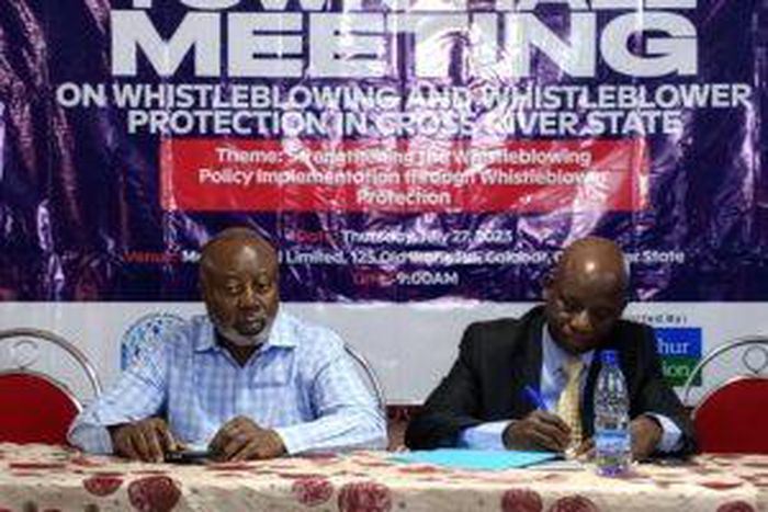 L-R: Dr. Chido Onumah, Coordinator AFRICMIL and Mr Kalu Ugbo, Acting Resident Commissioner ICPC in Cross River, during a town hall meeting on the protection of whistleblowers in Nigeria (Credit: NAN)
