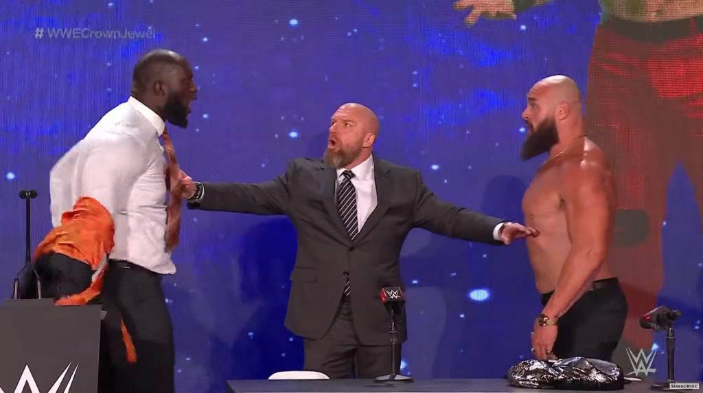 Omos and Strowman clashed at their weigh-ins ahead of WWE Crown Jewel