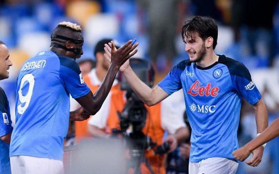 Nigeria's Victor Osimhen celebrates with Napoli teammate and Georgia international Kvicha Kvaratskhelia