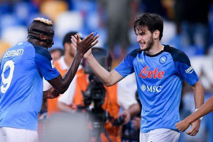 Nigeria's Victor Osimhen celebrates with Napoli teammate and Georgia international Kvicha Kvaratskhelia