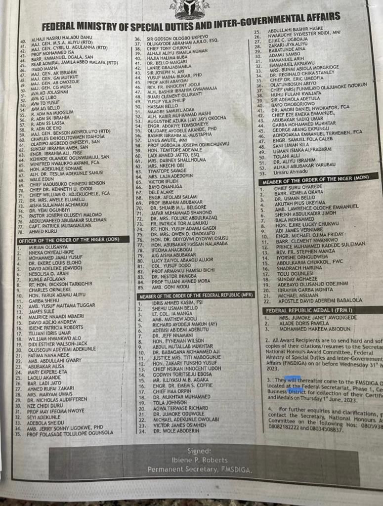 List of 2023 special national honours award recipients [TheCable]