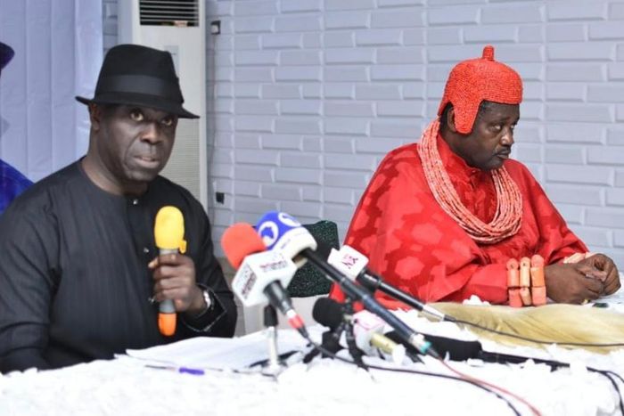 Chairman of the Delta State Ijaw Traditional Rulers Forum, HRM Joseph Timiyan, and the Interim Administrator of the Presidential Amnesty Programme (PAP) Major General Barry Ndiomu.
