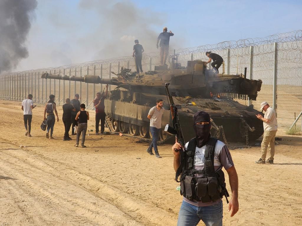 A destroyed Israeli tank in Gaza City on October 7.Hani Alshaer/Anadolu Agency via Getty Images