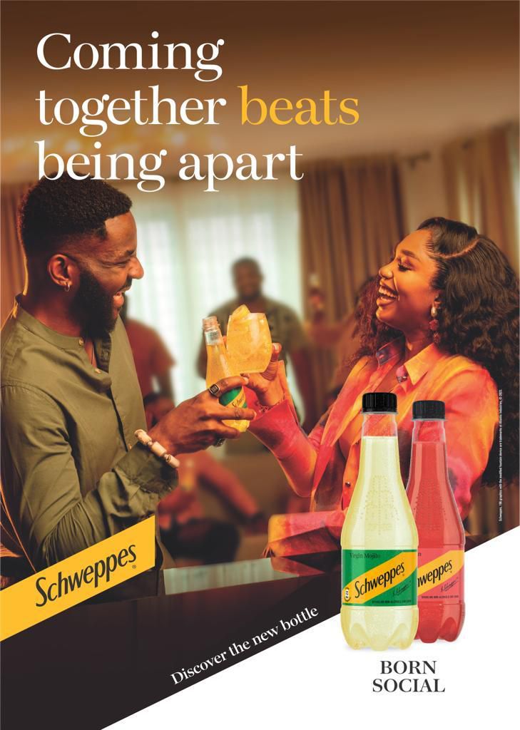 Ebuka and Sharon Ooja with Schweppes bottle