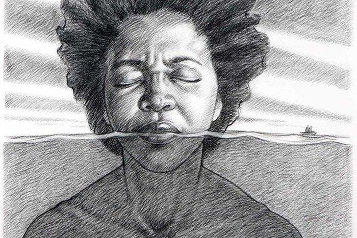 Pencil painting of The Igbo Landing by Jamaican artist, Donovan Nelson